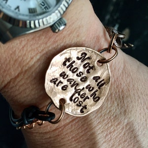 Not all those that wander are lost  ~ bracelet Hand Hammered copper penny ~ leather and copper ~ tolkien