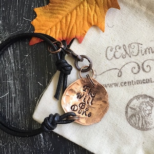 Lords prayer &quot; thy will be done&quot; Copper Bracelet Hand Hammered Penny leather Bracelet religious quote