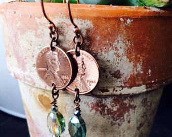 Birthday birthdate YEAR earrings Hand Hammered and Polished copper pennies anniversary special date