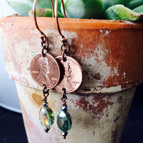 Birthday birthdate YEAR earrings Hand Hammered and Polished copper pennies anniversary special date