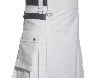 May include: A white kilt with a pleated design and a black belt. The kilt features a pocket on the front and black hardware. The garment is made of a sturdy fabric and has a traditional Scottish design.