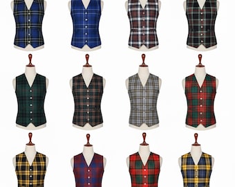 Chaleco de tartán escocés para kilt. Chaleco tradicional de las Tierras Altas con 5 botones de rombos. Disponible en más de 50 tartanes de clan.