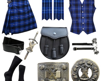 Scottish 9 Pcs Kilt Outfit With Tartan Vest Traditional Weeding Outfit Handmade Kilt Outfit Available in 40+ Clan Tartans