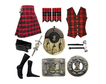 17th Century Scottish 9 Pcs Kilt Set With Tartan Vest Traditional St Andrew Design Outfit Handmade Kilt Set Available in 40+ Clan Tartans