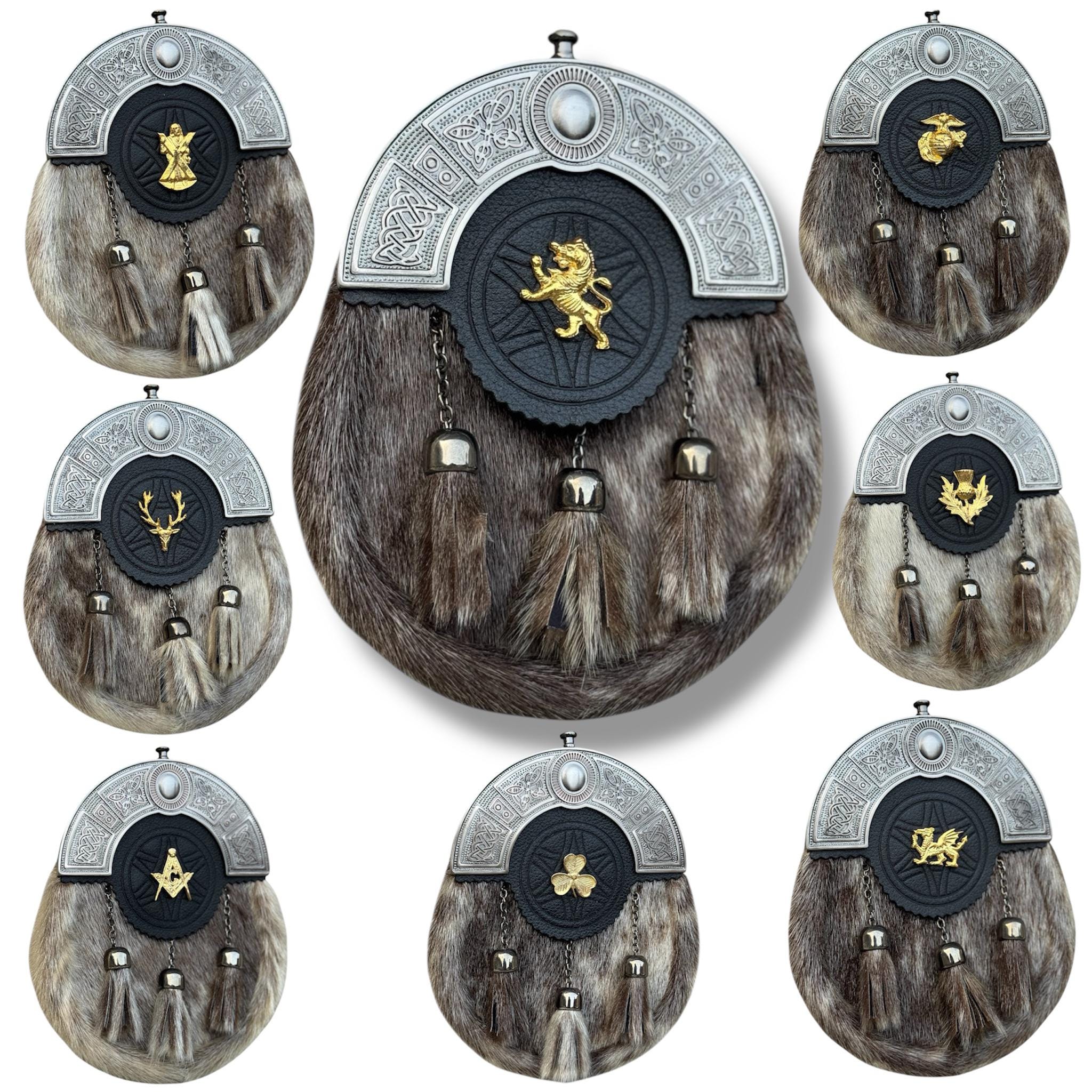 Traditional Scottish Gold Badge Sporran Handmade Antique Celtic Cantle 3 Tassels Full Dress Kilt Sporran With Chain & Belt For Men's