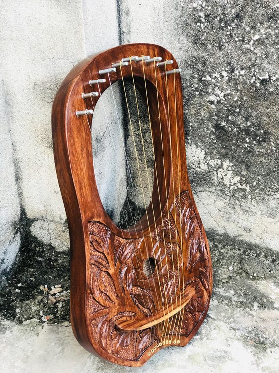 Rosewood New Flower Design Lyre Premium Quality Handmade 10 Metal Strings Lyre Harp With Free Tuning Key, Strings, & Bag