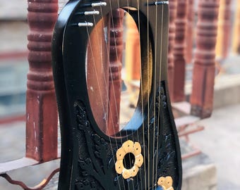 Black And Gold Flower Rosewood Lyre Harp Handmade 10 Metal Strings Lyre Harp With Free Tuning Key, Strings, & Bag