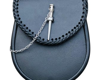Escocés negro cuero vintage Kilt Sporran hecho a mano Pin Lock Sporran vestido completo Sporran con cadena y cinturón