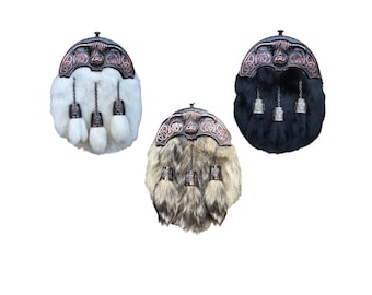 Sporran de piel de vaca de las Tierras Altas de latón con borlas y cinturón de piel de vaca negra, hecho a mano en Escocia, disponible en 3 colores diferentes