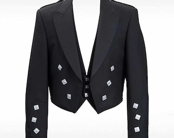 Chaqueta tradicional escocesa estilo Príncipe Charlie de 3 botones con chaleco para hombre, 100 % lana de sarga negra, para boda