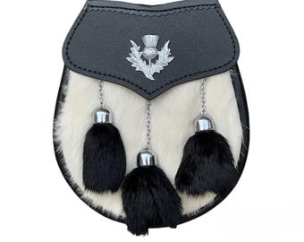 Traditional Scottish Semi Dress Cream & Black Rabbit Fur Leather Kilt Sporran With Thistle Badge By Unique Stuff