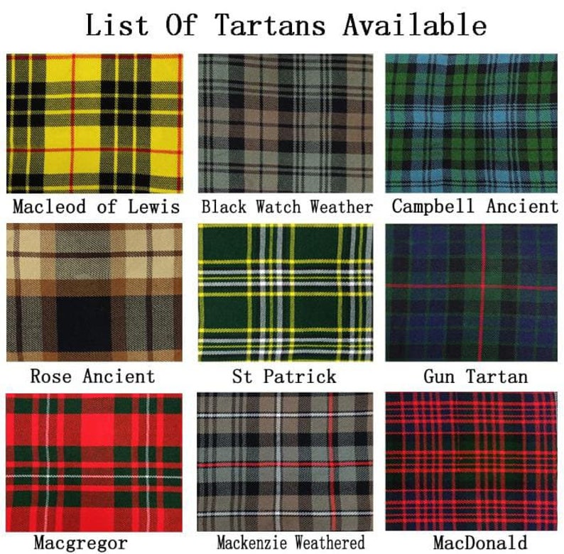 May include: A collage of nine different tartan patterns, each with a name label underneath. The tartans include MacLeod of Lewis, Black Watch Weather, Campbell Ancient, Rose Ancient, St Patrick, Gun Tartan, Macgregor, Mackenzie Weathered, and MacDonald.