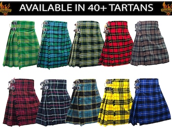 May include: Ten different kilt designs in various colors and patterns, including green, blue, red, yellow, and black. The text "AVAILABLE IN 40+ TARTANS" is displayed at the top of the image.