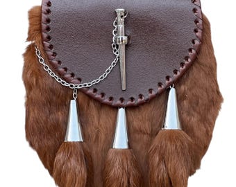 Tradicional escocés de cuero marrón Vintage Kilt Sporran hecho a mano Pin Lock Sporran vestido completo Sporran con cadena y cinturón