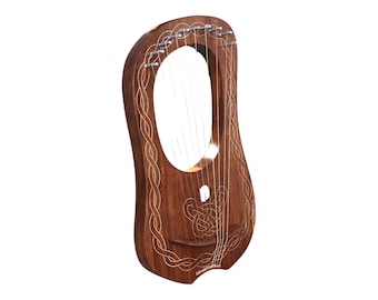 Arpa de lira de palisandro marrón hecha a mano de primera calidad, diseño celta, 10 cuerdas de metal, arpa de lira con llave de afinación, cuerdas y bolsa gratis