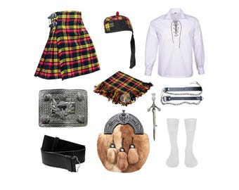 Set di kilt tradizionale scozzese da uomo, vestito delle Highlands, fatto a mano, set di kilt da 10 pezzi, disponibile in oltre 40 tartan di clan