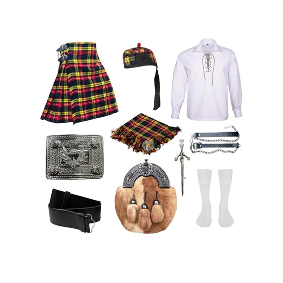 Men's Traditional Scottish Kilt Set Highland Outfit Handmade 10 Pcs Kilt Set Available in 40+ Clan Tartans