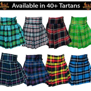 May include: A collection of eight different plaid skirts, each with a unique color combination. The skirts are all knee-length and have a pleated design. The text "Available in 40+ Tartans" is displayed at the top of the image.