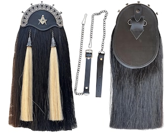 Tradicional escocés pelo de caballo Sporran Vintage negro pelo largo Kilt Sporran insignia masónica hecha a mano Sporran antiguo para hombres