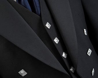 Chaqueta tradicional escocesa Prince Charlie de 5 botones con chaleco para hombre. Chaqueta de boda negra 100 % lana de sarga para hombre.