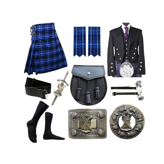 Scottish Men's Kilt Outfit With Charlie Jacket 9 Pcs Outfit Handmade Highland Kilt Outfit Available in 40+ Clan Tartans