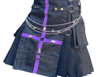Kilt utilitario híbrido de algodón negro Kilt hecho a mano de estilo gótico Kilt negro Kilt de boda escocés con Kilt Anwar morado para hombres