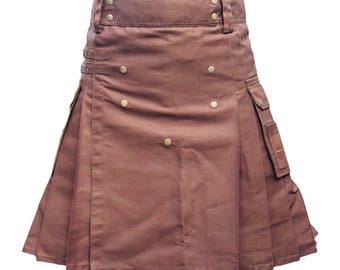 Kilt utilitario marrón escocés, kilt vintage de moda, kilt de boda hecho a mano para hombres