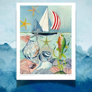 May include: A watercolor print featuring a sailboat with red and white striped sails on a blue sea, surrounded by yellow starfish, two large seashells, and a green fish swimming among seaweed. The text reads US ON A BOAT FROM A DISTANCE.