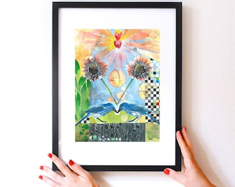 Inner Flame Art Print, Archival Giclee, Love and Friendship, Sacred Heart Imagery, Blue Birds Wall Art, Sunflowers, Watercolor Print, Cosmic