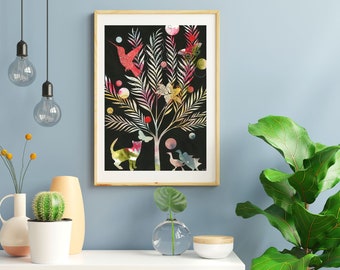 Silhouettes Art Print, 16x20 Unframed Giclée, Nature Inspired Watercolor, Botanical Decor, Whimsical Wall Art, Painted Hummingbird, Cat Art