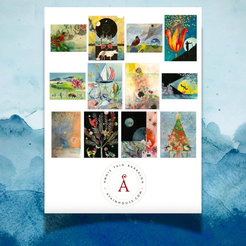 May include: A collection of twelve distinct rectangular art prints featuring varied illustrations of animals, landscapes, and celestial scenes, arranged in a grid. A circular logo at the bottom displays the text Annie Fain Barralon AFAINHOUSE.COM.