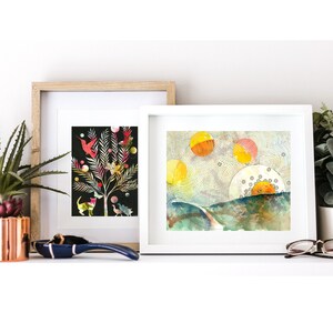 Silhouettes Art Print, 11x14 Unframed Giclée, Nature Inspired Watercolor, Botanical Decor, Whimsical Wall Art, Painted Hummingbird, Cat Art image 4