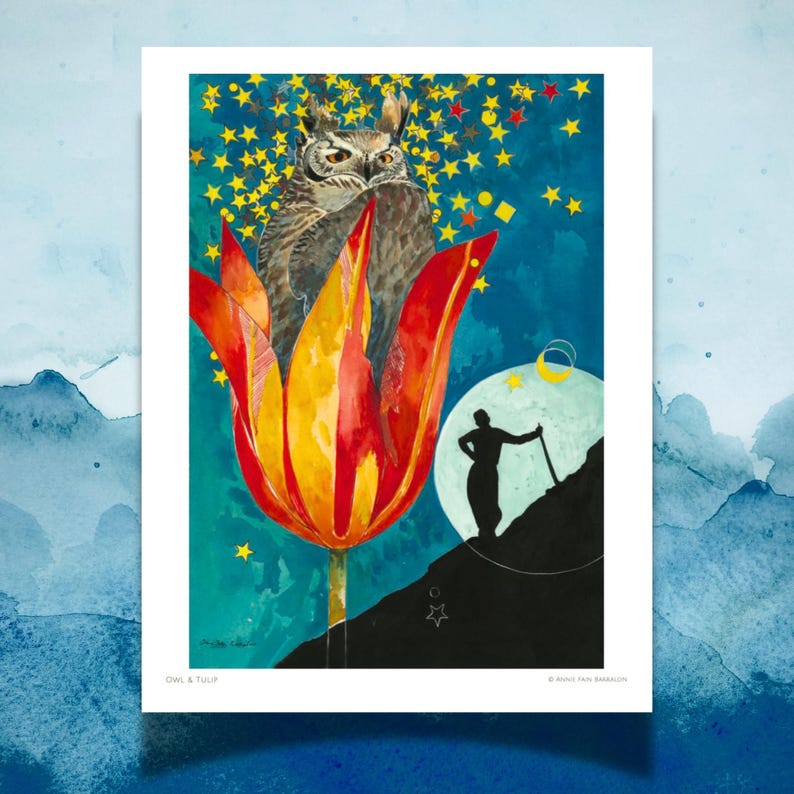 May include: A vertical art print titled Owl & Tulip featuring a brown owl perched inside a large red and yellow tulip. The background displays a dark teal sky filled with yellow stars, a white moon, and a black silhouette of a person with a staff.