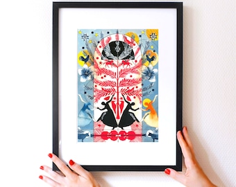 May include: A framed art print featuring a symmetrical illustration with a central red tree, two black figures dancing, and two figures in blue and orange dresses. The design includes roosters, stars, cows, and violins in a blue and white setting.