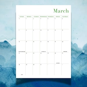 May include: A white calendar page for the month of March with green text for the month name and days of the week. The grid features black lines and numbers for each day, including text for Daylight Savings, St. Patrick's Day, Spring, and Easter.