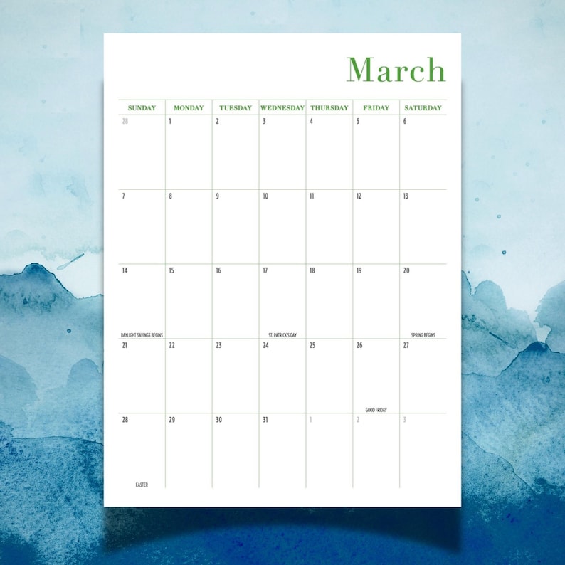 May include: A white calendar page for the month of March with green text for the month name and days of the week. The grid features black lines and numbers for each day, including text for Daylight Savings, St. Patrick's Day, Spring, and Easter.
