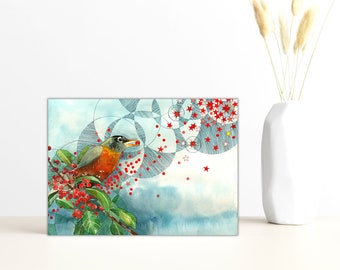 Buy 4 Cards, Get a 5th Free! "North Star" Greeting Card, 5x7 Blank Inside, Holiday Card, Cozy Winter, Christmas Card, Red Breasted Robin