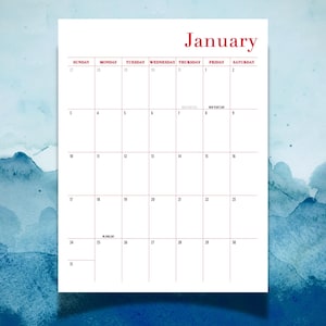 May include: A white calendar page for the month of January with red text for the month name and days of the week. The grid features black numbers for dates, with small text indicating New Year's Day and MLK Day within the grid squares.