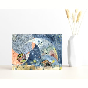 May include: A watercolor painting of a night sky with a crescent moon, stars, and a tent in the foreground. The painting is done in shades of blue, green, and orange.