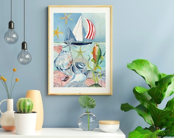 May include: A framed watercolour print featuring a sailboat with red and white striped sails on blue water, surrounded by yellow starfish, various seashells, and a green fish swimming among aquatic plants, all set against a light blue background.
