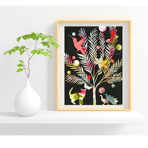 Silhouettes Art Print, 11x14 Unframed Giclée, Nature Inspired Watercolor, Botanical Decor, Whimsical Wall Art, Painted Hummingbird, Cat Art image 3