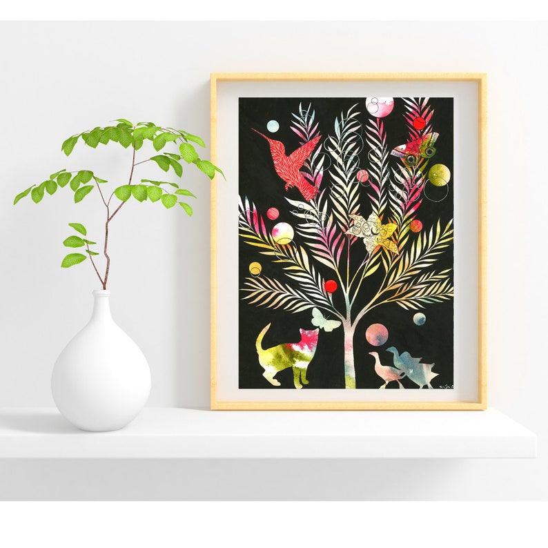 Silhouettes Art Print, 11x14 Unframed Giclée, Nature Inspired Watercolor, Botanical Decor, Whimsical Wall Art, Painted Hummingbird, Cat Art image 3