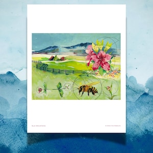 May include: A rectangular art print titled Blue Mountains featuring a watercolor landscape with green fields, a dark fence, and distant blue mountains. The foreground includes a detailed bee, pink and yellow flowers, and geometric line circles.