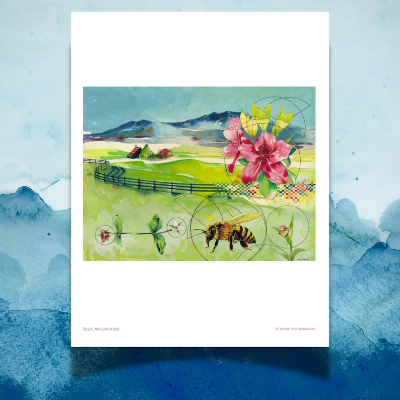 May include: A rectangular art print titled Blue Mountains featuring a watercolor landscape with green fields, a dark fence, and distant blue mountains. The foreground includes a detailed bee, pink and yellow flowers, and geometric line circles.