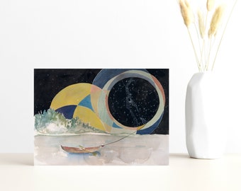 Buy 4 Cards, Get a 5th Free!  "Safe Harbor" Greeting Card w/ Envelope, Blank 5x7, Night Sky, Constellations , Boat in Water, Watercolor
