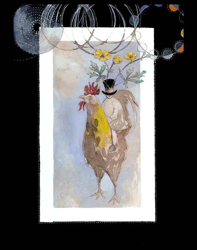 Buy 4 Cards, Get a 5th Free Rooster Ride Blank Gift Card w/ Envelope, Watercolor Rooster Card, Celestial image 2