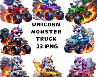 Unicorn Monster Truck Clipart, rainbow magical trucks, girls birthday party decor, fantasy vehicle art, stickers, printable, commercial use