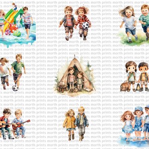 May include: Four watercolor illustrations of children playing outdoors. The first shows two children playing on a water slide. The second shows two children playing with a soccer ball. The third shows two children camping in a tent. The fourth shows two children playing by a lake.