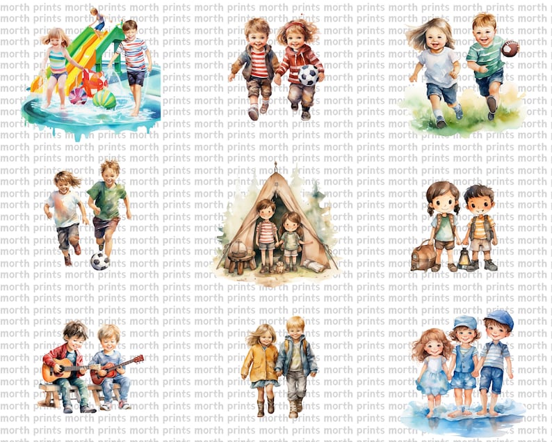 May include: Four watercolor illustrations of children playing outdoors. The first shows two children playing on a water slide. The second shows two children playing with a soccer ball. The third shows two children camping in a tent. The fourth shows two children playing by a lake.