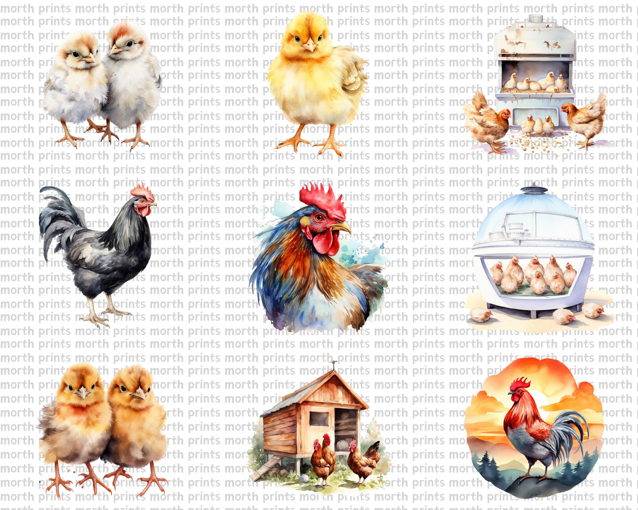 Watercolor Chicken Clipart PNG, Rooster Hen Chick, Farm Animals, 55 PNG ...